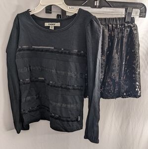 DKNY Black Sequin Top and Skirt Set